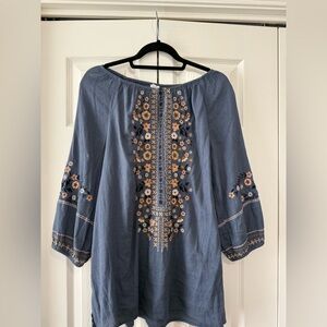 J.Jill Blue Embroidered Peasant Tunic Blouse Boho 3/4 Sleeve Medium